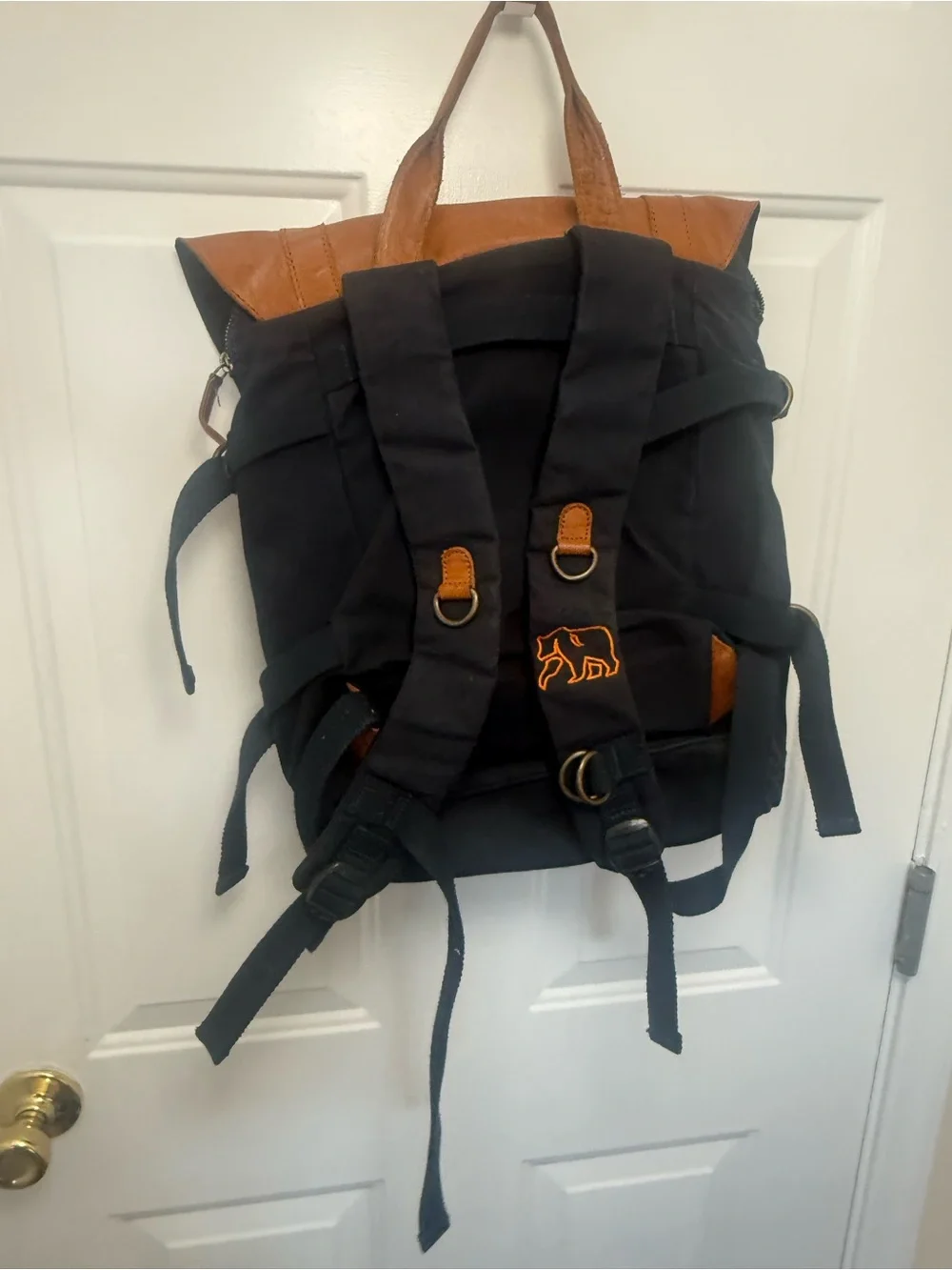 The Normal Brand Top Side Leather And Navy Canvas Backpack Travel Work Bag